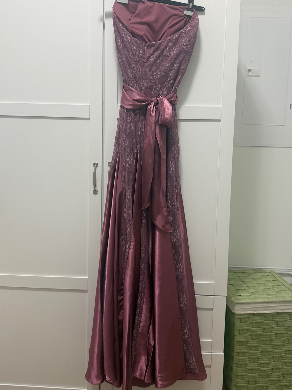 Strapless Lace & Satin Prom Gown in Dusty Rose with Waist Sash